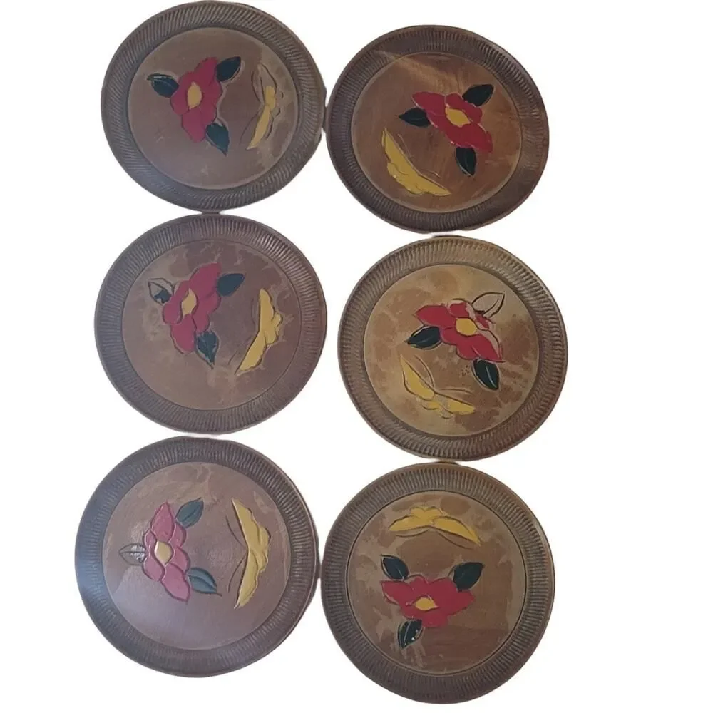 Vintage 20th Century Japanese Hand Carved Box and 6 Coaster‎ Set Floral Flowers